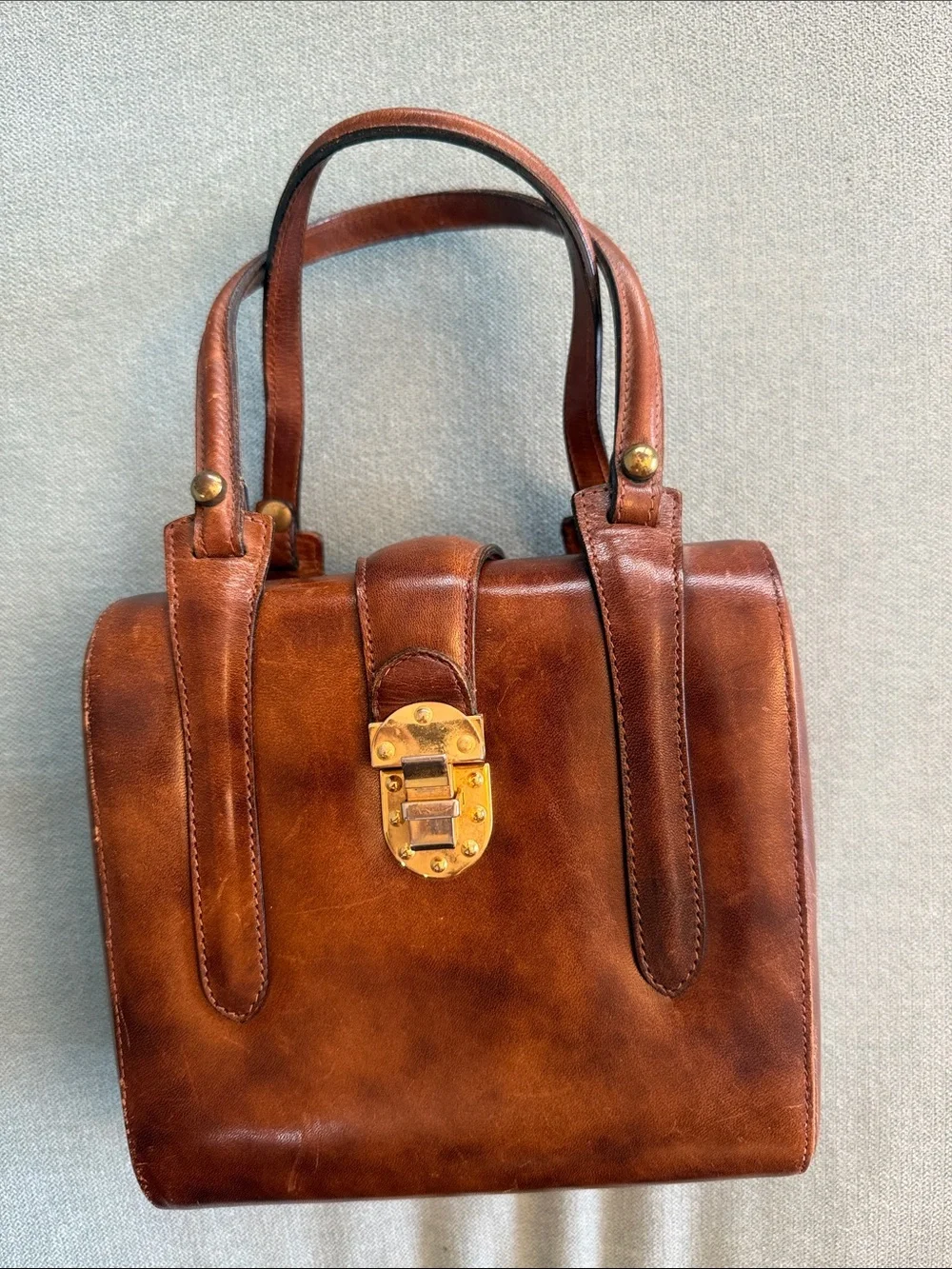 Vintage Mid-Century Cognac Leather Top Handle Bag